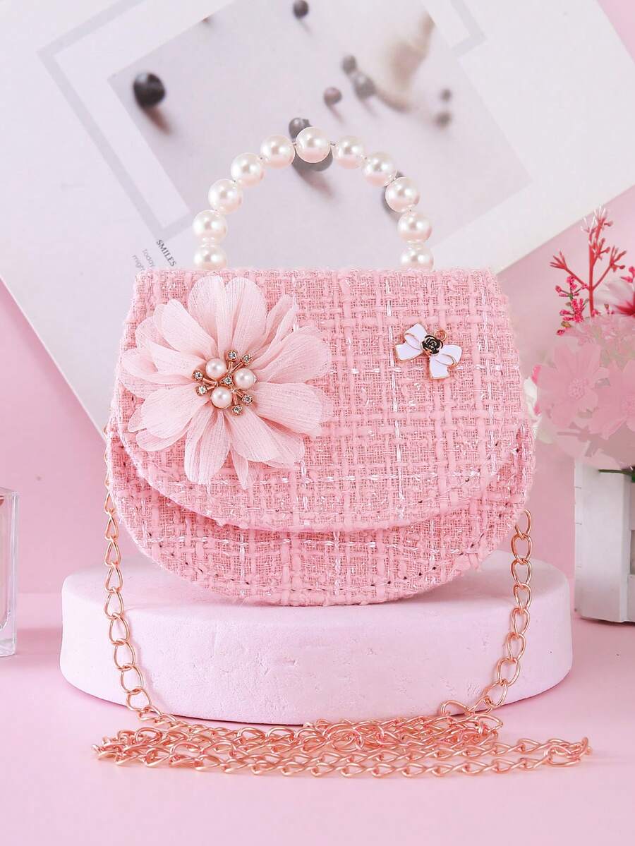 1pc Mini Flower & Metal Bow Decor Solid Plaid PU Chain Strap Flap Closure Beaded Handbag, Cute Shoulder Crossbody Bag Clutch Purse For Teens & Casual Travel, Suitable For Holidays & Daily Use - Pink - View 1