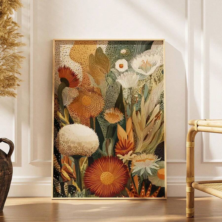 1幅抽象植物墙画,现代植物花卉印花帆布画,色彩缤纷的橙棕绿海报,复古波西米亚风格装饰,适用于客厅、卧室、浴室,无框/有框/木质挂轴 - 圖案 - 查看 1