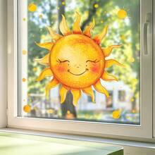 1pc Watercolor Smiling Sun Glass Sticker, Healing Handpainted Sun Window Decor Sticker, Self-Adhesive Translucent Removable - Multicolor - View 4