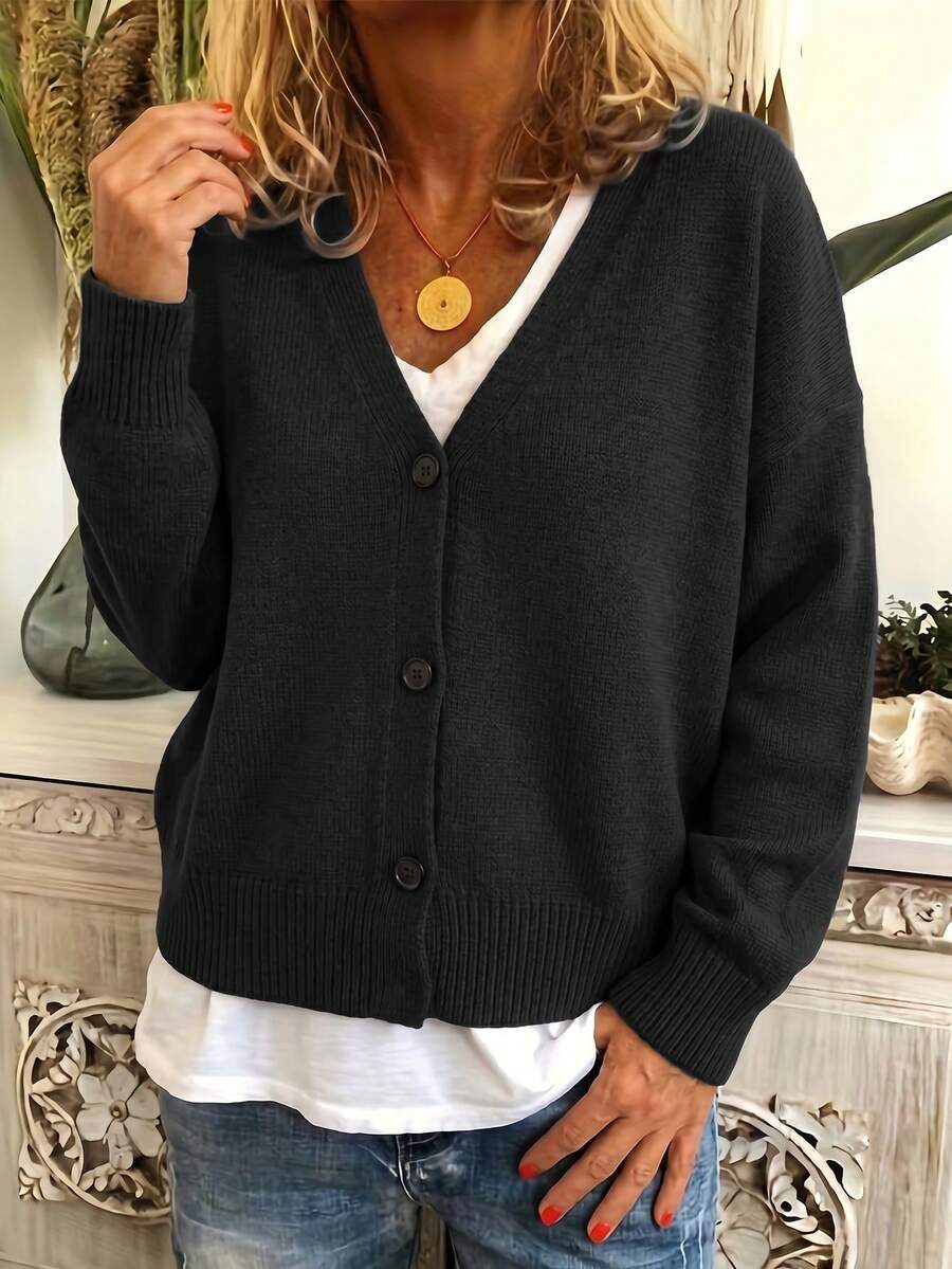 Áo khoác cardigan nữ thời trang cổ chữ V cài nút, tay dài, kiểu dáng tối giản, thích hợp mặc ngoài, mang đến cảm giác thoải mái và mộc mạc, màu đen cho mùa thu/đông. - màu đen - Xem 1