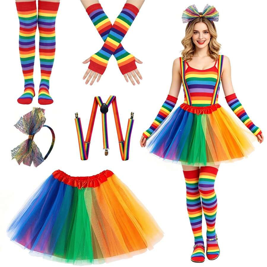Rainbow Tutu Skirt Set, Lace Bow Headband, Rainbow Suspender, Gloves & Socks Set, Suitable For Pride Month, Colorful Street Party, Halloween, Carnival,Pride,Party Dress - Multicolor - View 1