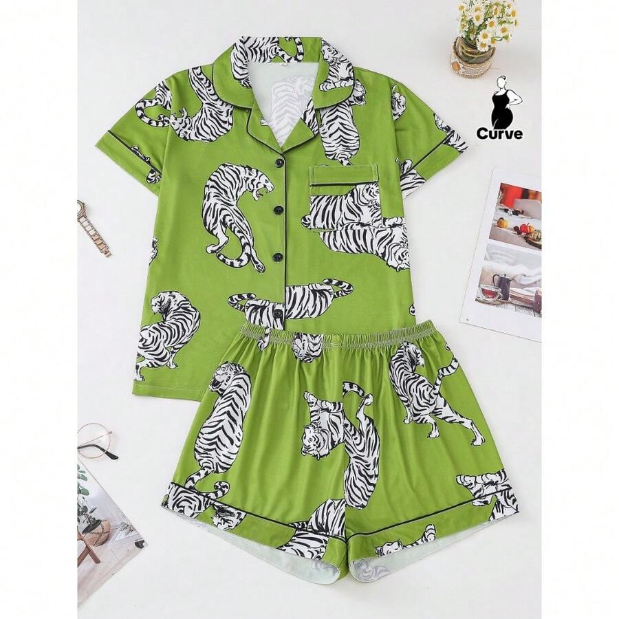 Local Shipping  Plus Size Women's Tiger Print Sleepwear Set, Comfortable Collared Button- Short Sleeve Shirt And Casual Loose Shorts, Four Seasons Wear Two-Piece Pajama Set - màu xanh lá - Xem 1