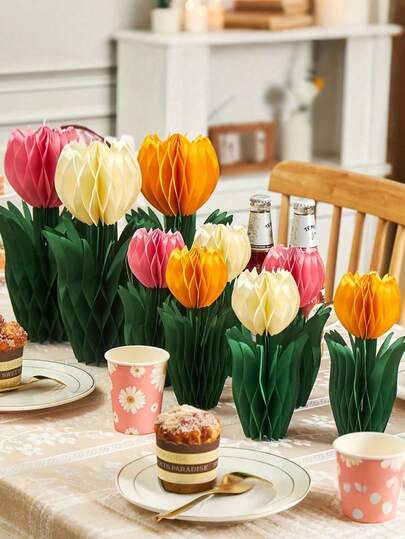 6pcs Tulip Honeycomb Ball Decorations, Holiday Hanging Honeycomb Paper Balls, Suitable For Tabletop Center Decor, Party Decor, Spring/Summer Floral Honeycomb Balls, Birthday Party Tabletop Decor, Garden Party, Mother's Day Decor, Graduation Ceremony Decor, Home Decor, Wedding Decor (Random Colors)