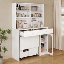 Kitchen Unit With Countertop, Sideboard And Tall Cabinet, Integrated Bar, With Clothes Hanging Rail, 2 Drawers, Adjustable Shelf And Open Storage Space, Kitchen And Dining Room Furniture In White. - White - View 12