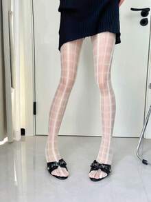 1双黑白格子透明连裤袜，复古英伦风超薄紧身裤，街头时尚必备单品 - 彩色 - 查看 4