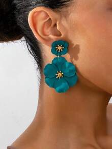 1 Pair Fashionable New Metallic Painted Floral Minimalist Elegant Women Earrings, Romantic Floral Dangle Earrings, Creative Floral Earrings For Women - 綠色 - 查看 4