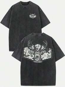 ( T-Shirt)Vintage Washed Cotton Hunting T-Shirt, Camo Deer Head Graphic, Loose Casual Crew Neck Short Sleeve Tee,2026 Casual Vintage Washed Print Tee - 黑色 - 查看 1