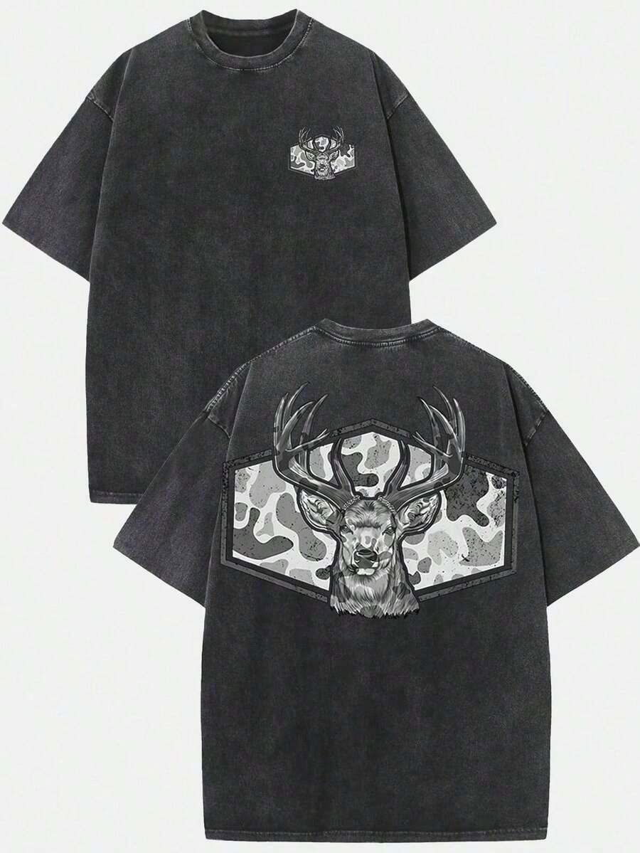 ( T-Shirt)Vintage Washed Cotton Hunting T-Shirt, Camo Deer Head Graphic, Loose Casual Crew Neck Short Sleeve Tee,2026 Casual Vintage Washed Print Tee - 黑色 - 查看 1