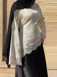Áo sơ mi nữ thanh lịch bằng vải satin, kiểu dáng công sở, cổ tròn, tay dài, thắt eo, phối ren, chất liệu vải dệt trơn, phối ren bất đối xứng, thích hợp mặc đi làm hàng ngày, hẹn hò, mùa xuân hè thu, màu trắng. - trắng - Xem 9