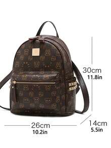 Mochila con patrón de monograma de moda, bolso de hombro de piel de PU ligero con encanto esponjoso, para mujeres y niñas - Marrón - Ver 3