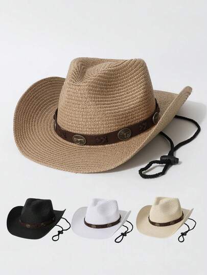 1顶男女通用草编牛仔帽，带可调节下巴带，复古西部宽檐软呢帽，适合户外旅行和度假