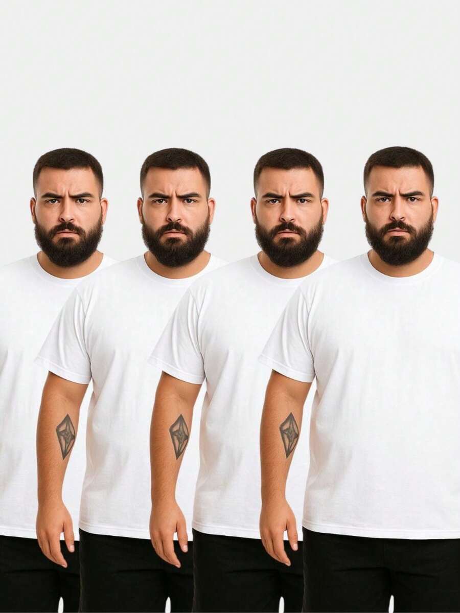 Set Of 4 Men's Plus Size Plain Premium Cotton T-Shirts - White - View 1