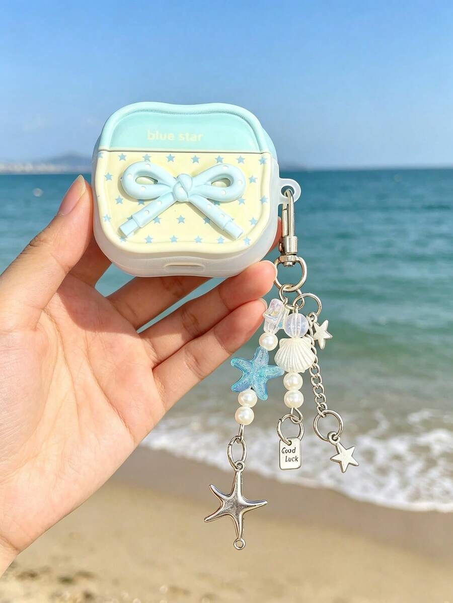 Korean Style Milky Blue Polka Dot Bow Bluetooth Earphone Protective Case, With Polka Dot Bow Design And Star Pendant, Shockproof And Scratch-Resistant Earphone Case, Compatible With Apple 1/2/3/4/Pro/Pro2(Nd)/Pro3(Rd) - Baby Blue - View 1