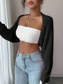 Bolero de punto para mujer, color blanco, manga larga holgada, ideal para combinar con tops y vestidos en primavera y verano - Negro - Ver 7