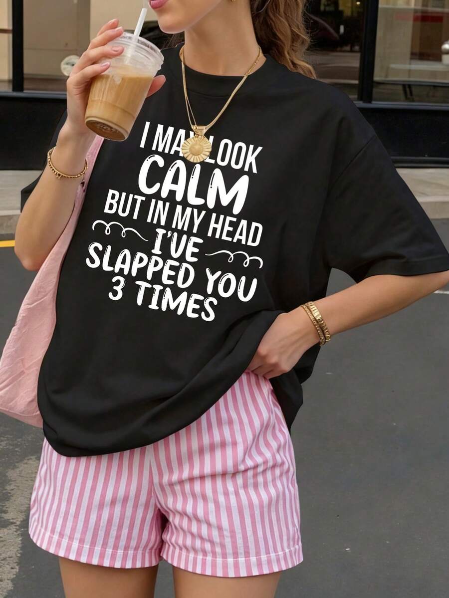 Camiseta Negra con Estampado de Frase Divertida para Mujer Ideal para Ocio y Verano - Negro - Ver 1