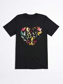 Camiseta Negra con Estampado Floral Colorido para Mujer Verano Casual - Negro - Ver 2