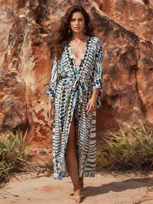Áo khoác ngoài bikini in họa tiết phong cách Bohemian 2026, váy đầm thanh lịch có thắt lưng dành cho nữ, trang phục đi biển rộng rãi và thoải mái, phù hợp với mọi kích cỡ. - Nhiều màu - Xem 7