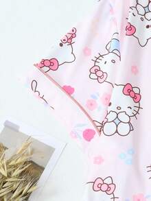 SANRIO 三丽鸥女士睡衣套装，Hello Kitty印花短袖口袋上衣和蝴蝶结短裤休闲家居服 - 粉色 - 查看 4