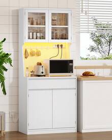 HaluPeit Aparador Cocina, Armario de Cocina, Armario de Almacenamiento, Encimera y 4 Armarios de Almacenaje, con Regleta de Enchufes y Tira de Luz LED, Estantes Regulables, 40x75x180cm, Blanco - Blanco - Ver 2