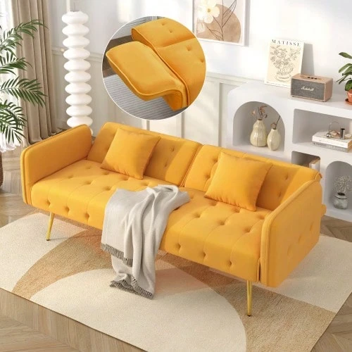 Two-Seater Multifunctional Sofa Bed With Bed Function, Adjustable Backrest And Multi-Position Armrests. Modern Folding Sofa Bed For Living Room - Velour Upholstery. Spacious Sleeping Area. - Yellow - View 1