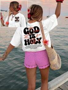 New Model 20262026God is Holy, Faith Power Graphic Print T-Shirt, Short Sleeve Crew Neck Casual Top for Summer Spring, Women's Clothing Summer T-Shirts - [Branco] - Ver 2