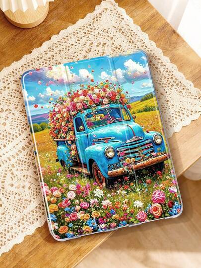 1pc Rose Flower & Blue Car Pattern Painted Tablet Case, Compatible With IPad Mini4/Mini5/Mini6/Mini7/Air/Air2/9.7/10.2/10.5/Air4/Air5/10.9/Pro 11-Inch/10th Gen/ Air 11-In.(M2)-2024/ Pro11-In.(M4)-2024/Air 11-Inch (M3) 2025/ (A16) 11 Inch 11th Generation 2025/ Air 8(M4)2026(11-Inch), Galaxy Tab A8 10.5 Inch 2022. Includes Pencil Slot, 3-Fold Stand, TPU Soft Edge Protection, Magnetic Sleep/Wake, Minimalist/Creative/Fun/Personalized Design.