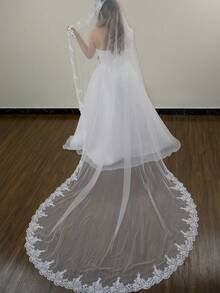 1pc Casual Polyester Bridal Veil, 118 Inch Cathedral Train, Romantic Elegant Lace Trim, Real Photo Shooting, White/Ivory - Multicolor - View 2
