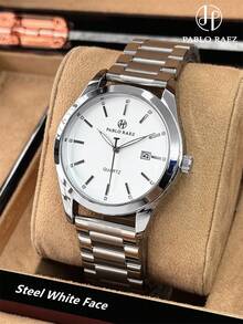 Pablo Raez 1枚男士手表，正品魅力腕表，高品质流行品牌，全新奢华IPS银色表带，不褪色，不锈钢夏季配饰，50米防水，简约日历显示，男士钢制休闲时尚石英表，钢制指针，罗马数字和条形刻度，黑色优雅商务腕表，适合日常佩戴，送给父亲或男性朋友的礼物，毕业或结婚礼物 - 銀色 - 查看 16