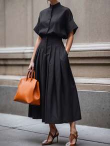 Women's Elegant Commuter Short Sleeve Shirt + A-Line Skirt 2-Piece Set, Solid Color, Elegant Front Button Pocket, Suitable For Office, Daily, Date, Airport In Summer - Black - View 2