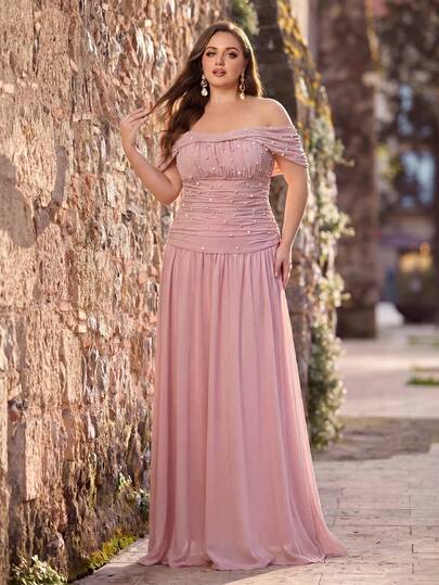 Faeriesty שמלה רשמית אלגנטית לנשים במידות גדולות עם כתפיים פתוחות, עיטורי אבני חן ומכפלת מתרחבת, מושלמת לשושבינות ולערבי נשף