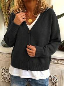 Áo khoác cardigan nữ thời trang cổ chữ V cài nút, tay dài, kiểu dáng tối giản, thích hợp mặc ngoài, mang đến cảm giác thoải mái và mộc mạc, màu đen cho mùa thu/đông. - màu đen - Xem 3