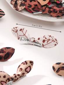 30pcs Girls' Beige Floral Bunny Ear Hair Clips, Brown Leopard Print Bow Hair Clips, Random Flower Patterns - Brown - View 4