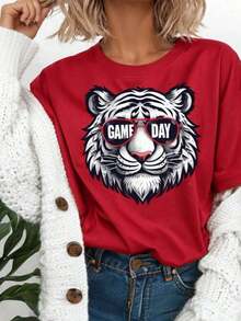 Purple & Gold Game Day Tiger Shirt Unisex |   Retro Tiger Graphic Tee |   Game Day-Shirt |   Sports Fan Shirt |   College Game Day Outfit Cute Oversized Tshirts Women Round Neck Street Cotton Short Sleeved-Shirt - 紅色 - 查看 10