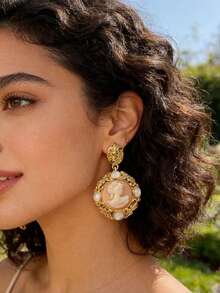 1 Paar Vintage Kamee Hängeohrringe für Frauen - Damenprofil Relief & Opalakzente, romantischer Statement-Schmuck für Hochzeit & Abendgarderobe - Gold - Übersicht 4