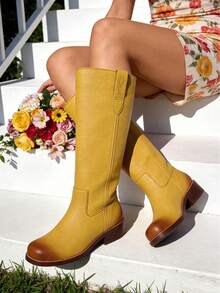 Botas vaqueras de tacón bajo con puntera cuadrada y estilo vintage inspirado en el campus para mujer - Amarillo - Ver 2