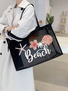 Bolsa de malla transpirable para la playa, diseño de patchwork para vacaciones en la playa, estampado de océano, estrella de mar, perla y patrón de letras, bolsa de malla de gran capacidad. - Multicolor - Ver 5