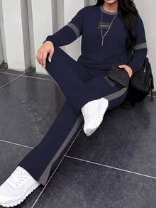 Women's Spring/Autumn New Comfortable Loose Contrast Stripe Printed Round Neck Long Sleeve T-Shirt And Elastic Waist Loose Pants 2-Piece Set, Suitable For Casual Commuting - Royal Blue 66 - View 7