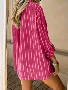 Camisa casual de mujer de un solo pecho con hombros caídos y mangas enrolladas a rayas - Verde - Ver 5