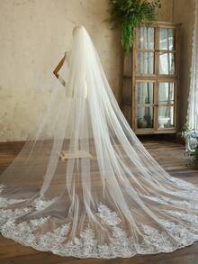 1pc 300cm Long Luxury Lace Edged Bridal Veil With Comb, Single Layer Ivory Wedding Accessory - White - View 2