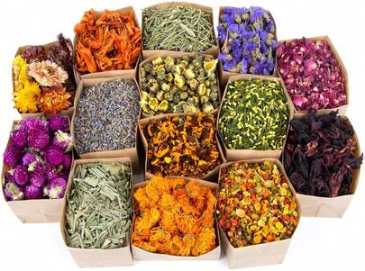 Sukh Dried Herbs Kit - Dried Botanicals Bulk,14 Bags Natural Dry Flowers And Herbs For Soap,Candle,Perfume,Bath Bombs,Resin Jewelry Making Supplies,Fragrance Sachet DIY And Witchcraft