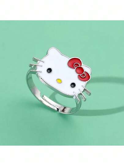 SANRIO 1 chiếc nhẫn Hello Kitty có thể điều chỉnh kích thước - Hình mèo dễ thương với khuôn mặt Hello Kitty và thiết kế nơ đặc trưng - Quà tặng phụ kiện