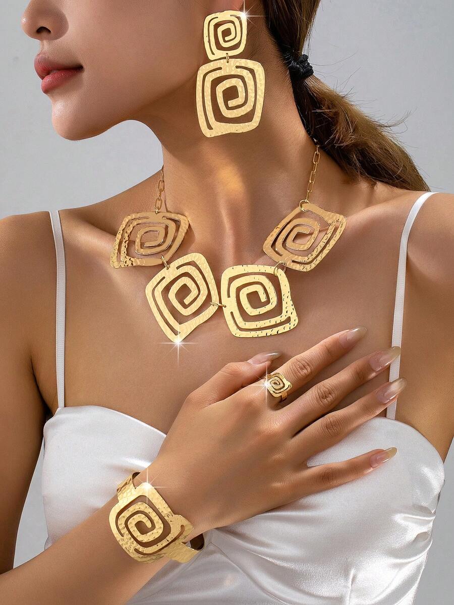 5pcs/Set Exaggerated Vintage Elegant Hammered Hollow Geometric Swirl Design Necklace, Earrings, Ring, Bracelet Jewelry Set, Suitable For Party, Banquet And Daily Wear - Yellow Gold - View 1
