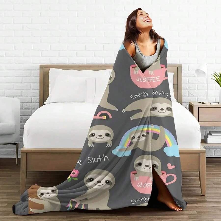 Sloth Cartoon Plaid Blanket Fleece Sofa Cover Print Animal Multifunction Er Warm Throw For Home Outdoor Rug Piece - 1 - 查看 1