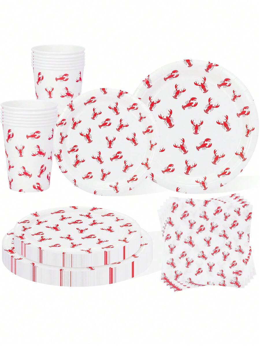 10pcs/20pcs/50pcs/80pcs Red & White Crawfish Party Paper Supplies, Red Crawfish Print Tableware Set Including 7"/9" Paper Plates, Paper Cups, 6.5" Napkins, Summer Seafood Party Decor, Crawfish Theme Birthday Party, Holiday Dinner, Wedding Supplies, Suitable For Both Men And Women - Multicolor - View 1
