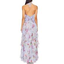 Women's Boho Chiffon Halter Floral Print Ruffled Long A-Line Flared Dress - Gris Claro - Ver 2