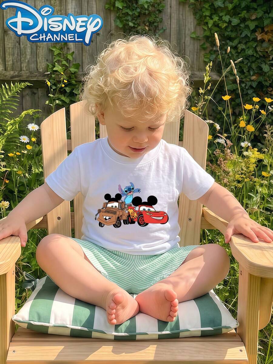 Disney 1pc Baby Boys Stitch Cars Mickey Ears Graphic Short Sleeve T-Shirt Casual Summer Baby Boy Clothes Toddler Boy Clothes - trắng - Xem 1