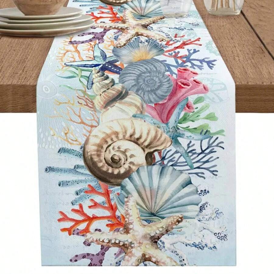 Camino de mesa de coral marino de estrella de mar y concha de verano, decoración reutilizable para fiestas, mesa de cocina y comedor, boda, hogar, tocador, sala de estar - Multicolor - Ver 1