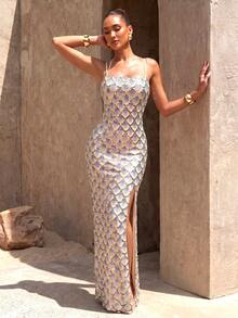 UNITHORSE [Random Cut] Spaghetti Strap Waist Cinching Sequin Elegant Dress - Apricot - View 4