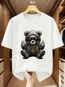 Men's Plus Size 100% Cotton Short Sleeve Bear Graphic T-Shirt, Fashionable, Comfortable & Casual Summer Top, PLUS SIZE-X - White - View 1