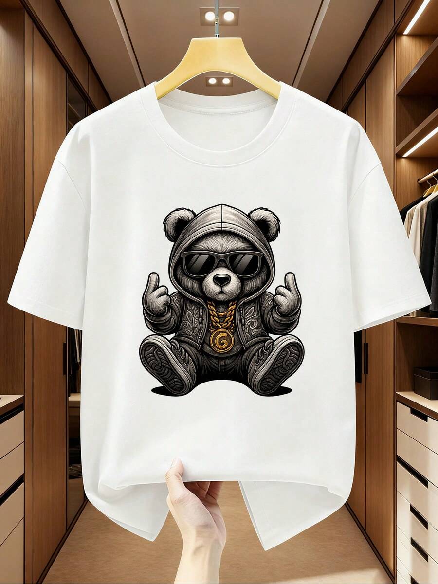 Men's Plus Size 100% Cotton Short Sleeve Bear Graphic T-Shirt, Fashionable, Comfortable & Casual Summer Top, PLUS SIZE-X - White - View 1